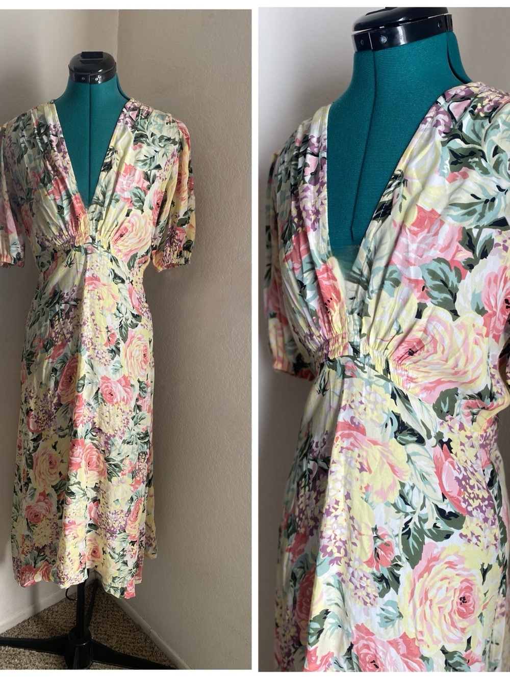 Faithfull the Brand Pastel Floral V‑Neck Midi Dress Size S